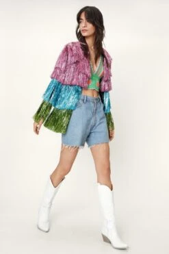 Metallic Open Front Tiered Tinsel Fringe Jacket