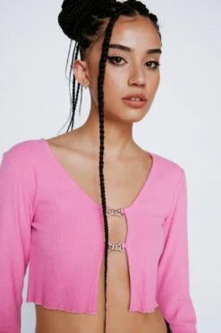 Slim Fit Ribbed Cardigan With Chain Detail