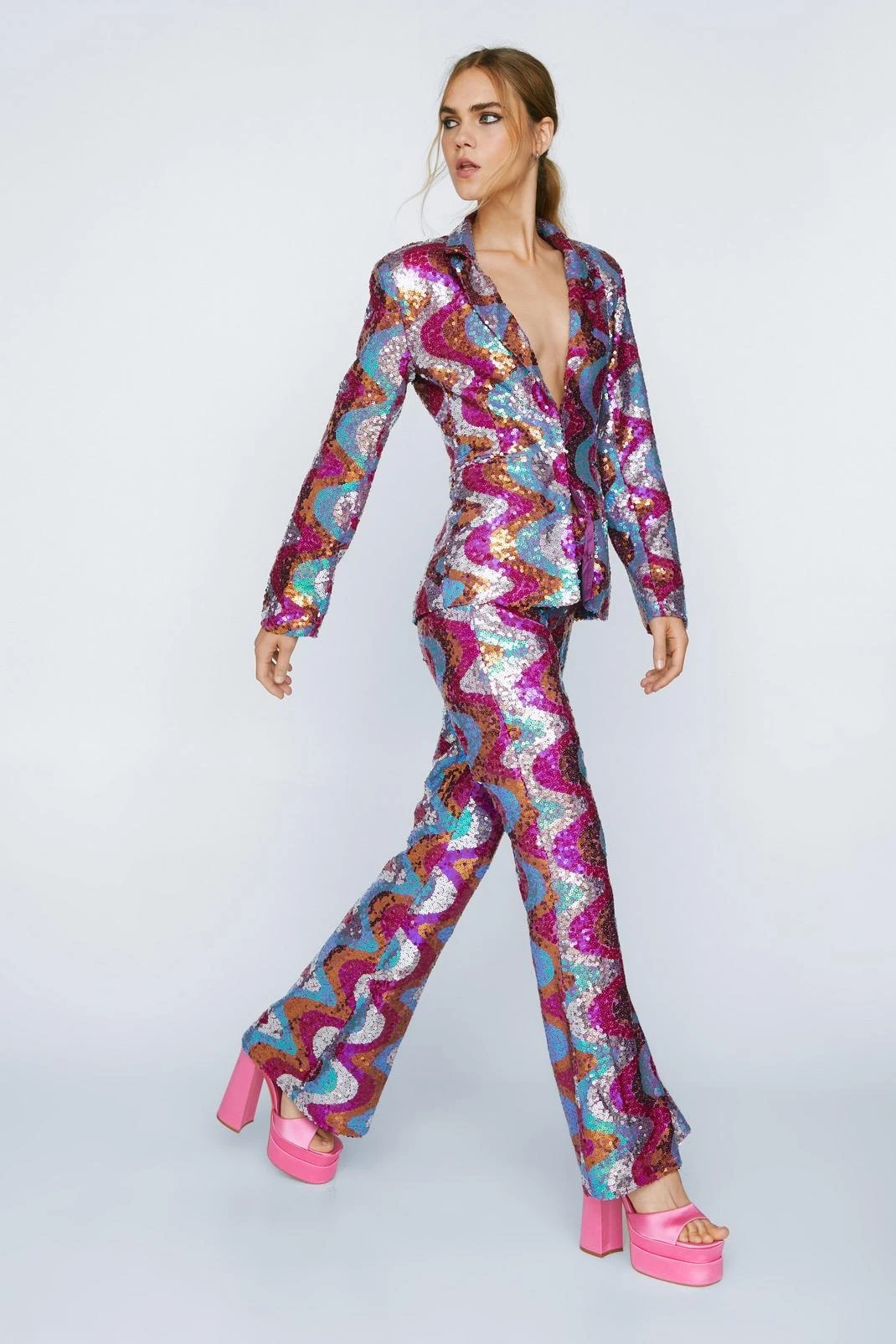 Wave Sequin Single Breasted Cinched Blazer - Image 2