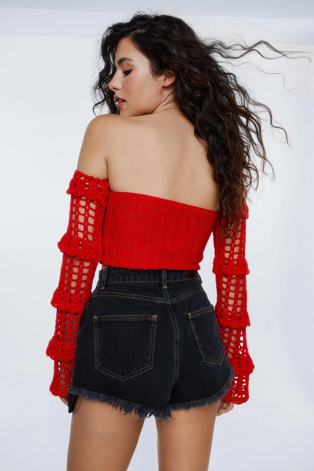 Crochet Off The Shoulder Lace Up Front Top - Image 6