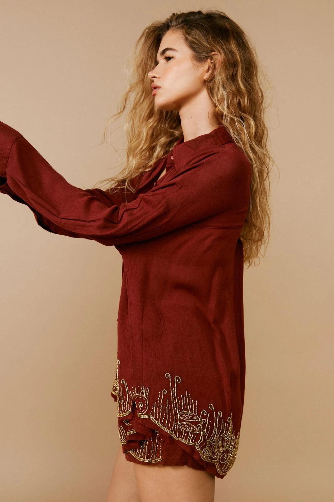 Crinkle Beaded Oversized Cover Up Shirt - Image 5
