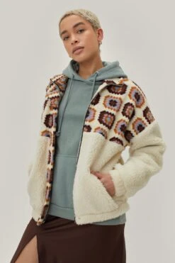 Patchwork Teddy Spliced Bomber Jacket