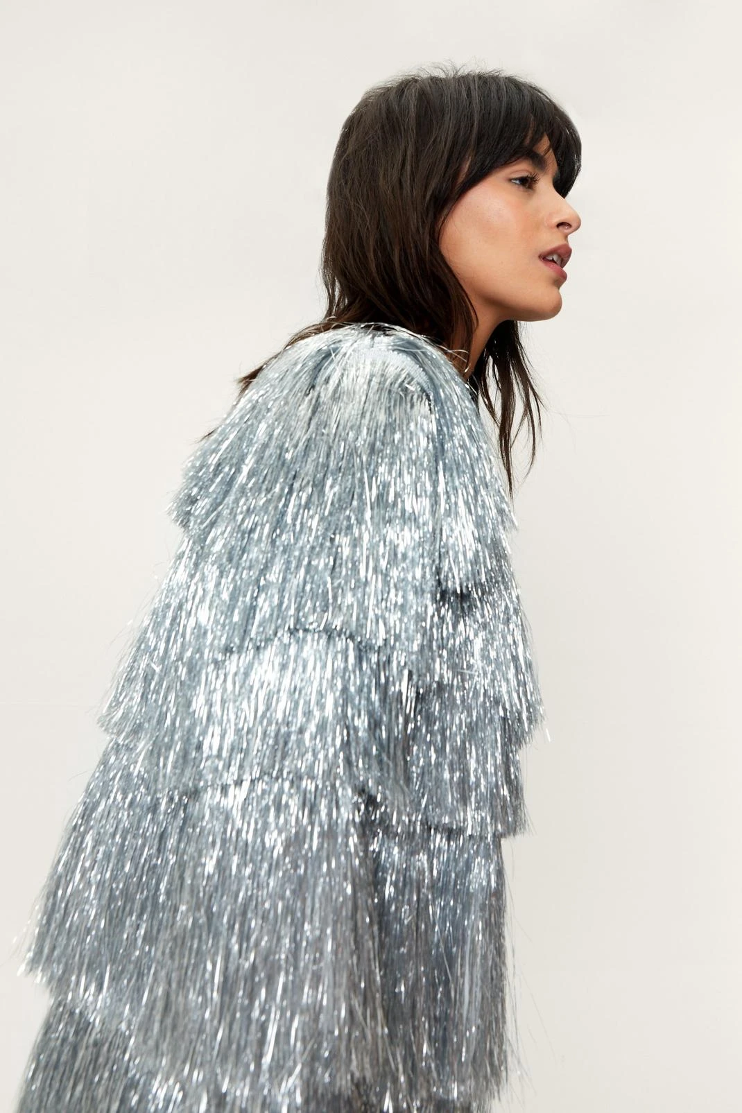 Metallic Open Front Tiered Tinsel Fringe Jacket - Image 14