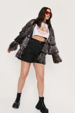 Plus Size Tinsel Fringe Detail Tiered Jacket