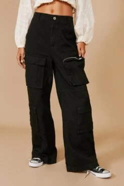 Washed Dual Hem Pocket Detail Wide Leg Cargo