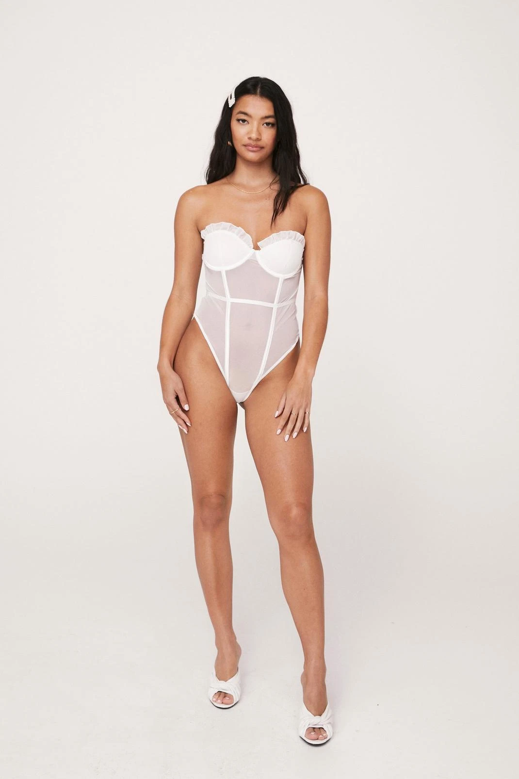 Mesh Ruffle Boned Corset Bandeau Bodysuit - Image 4